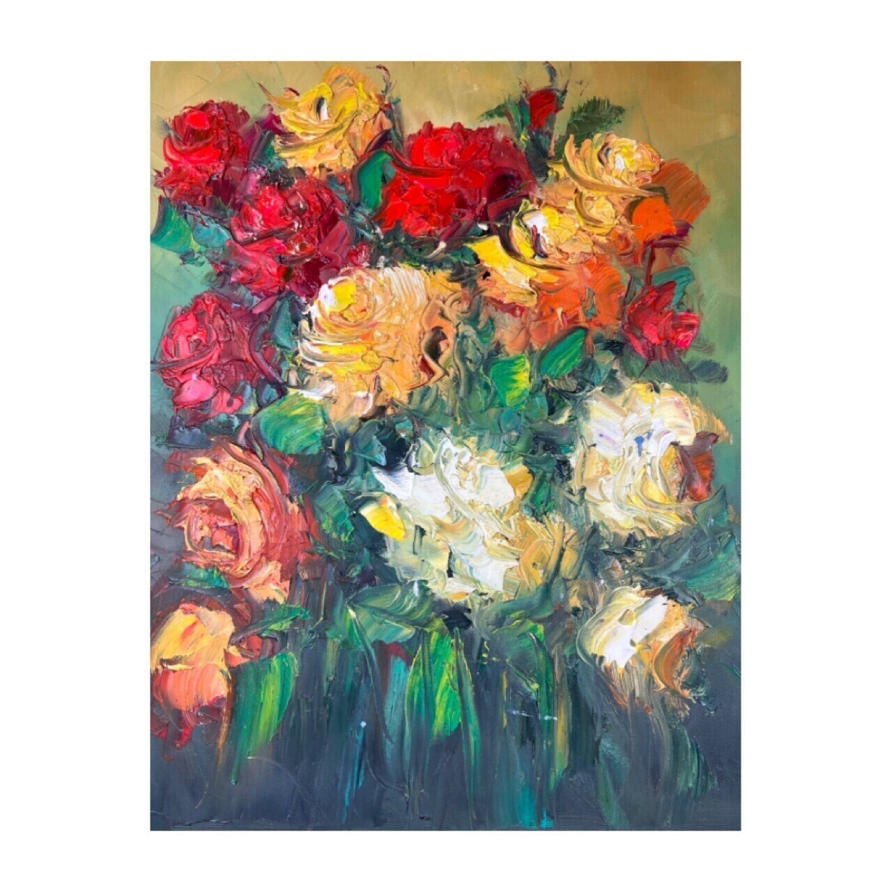 Flower Bouquet Green - Knife Art Oil Painting