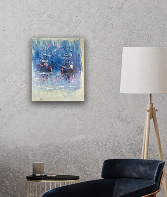 Blue Ships at Sea -  Knife Art Oil Painting in Distressed Frame