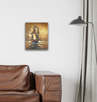 Ship at Daybreak - Knife Art Oil Painting