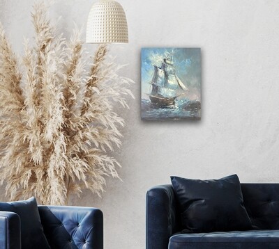 Ship at Sea - Knife Art Oil Painting in Distressed Frame