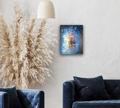Ship at Night - Knife Art Oil Painting in Distressed Frame