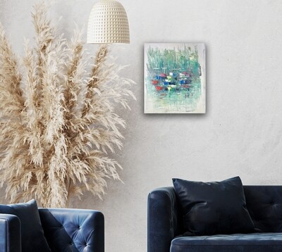 Turqouise Multi-Coloured Ships at Sea -  Knife Art Oil Painting in Distressed Frame