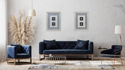 Allah & Mohammed in Iznik Tile with Blue Kufic 3D Perimeter Design Blue & White Frame: White Distressed Frame