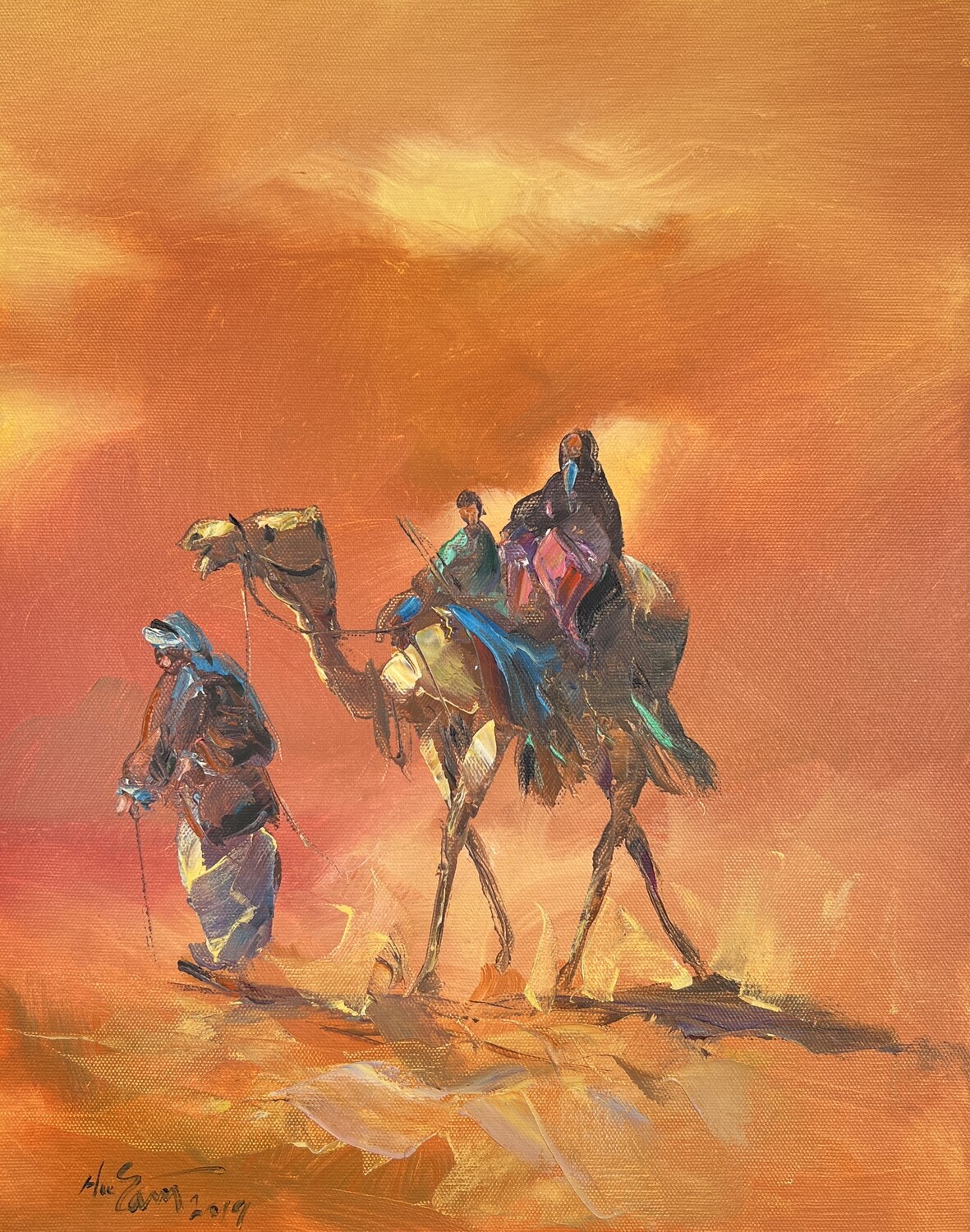 Desert Traveller with Family - Knife Art Oil Painting, Frame: Un-framed