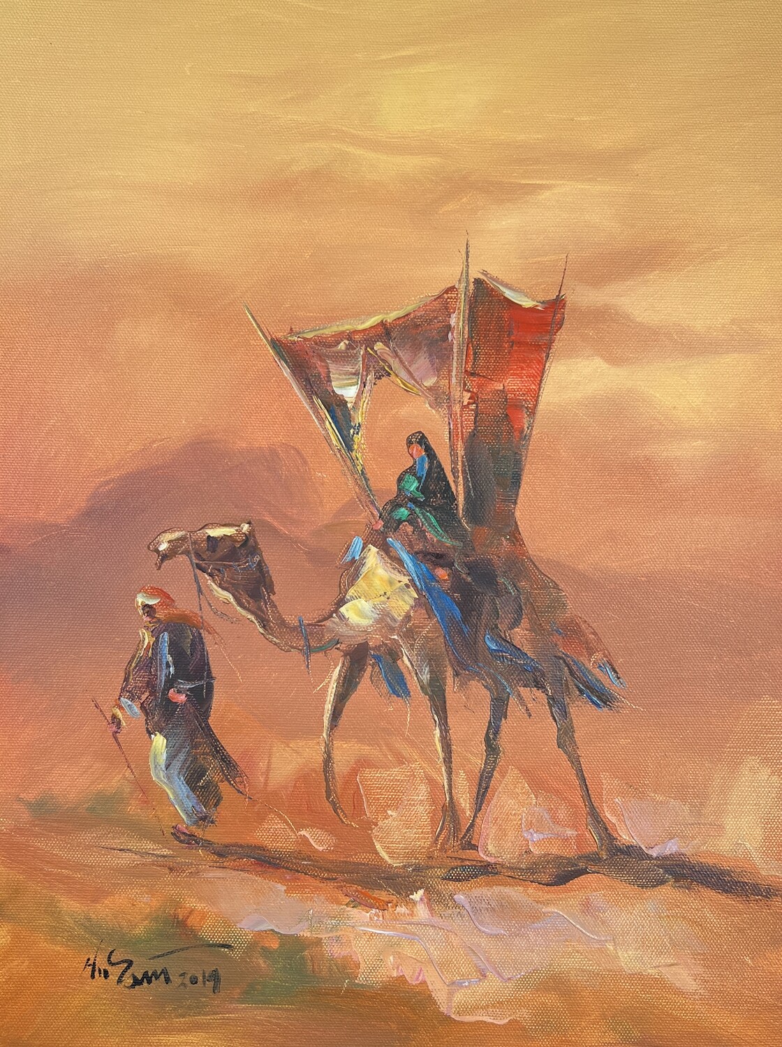 Desert Traveller with Lady in Howdaj - Knife Art Oil Painting, Frame: Un-framed