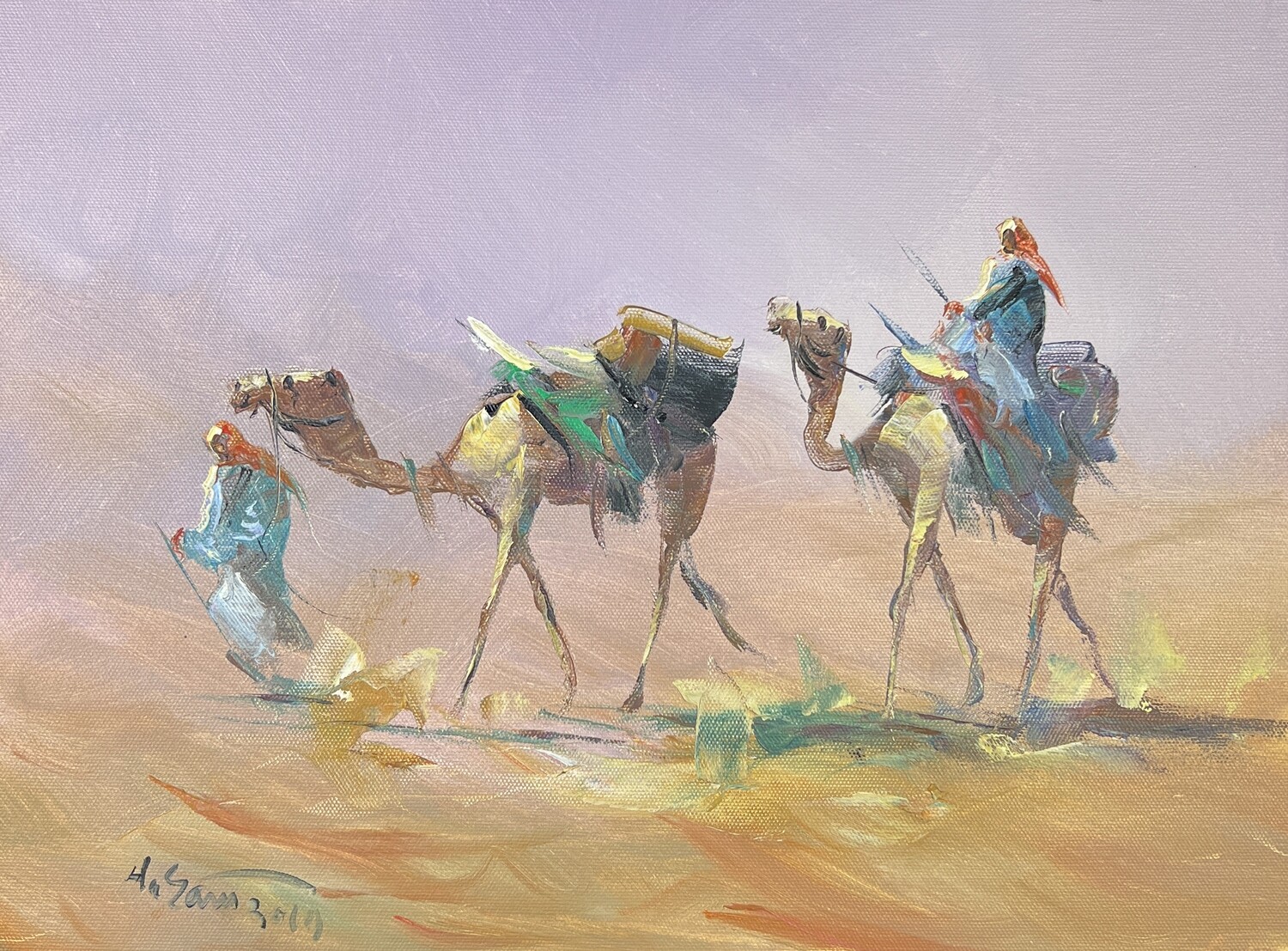 Desert Travellers with Camels - Knife Art Oil Painting in Pink Distressed Frame