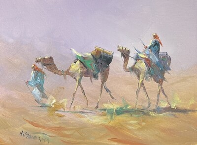 Desert Travellers with Camels - Knife Art Oil Painting
