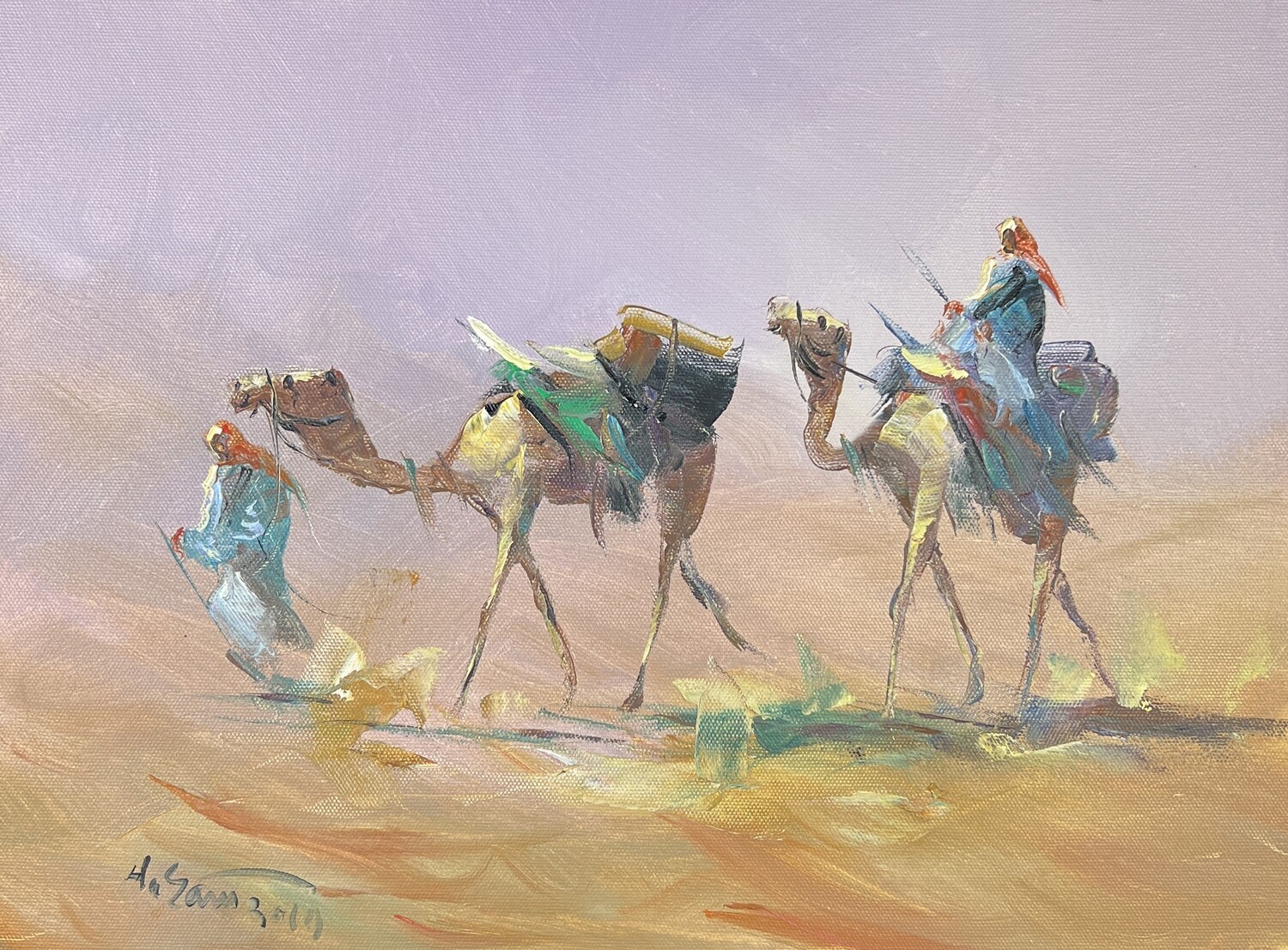 Desert Travellers with Camels - Knife Art Oil Painting, Frame: Un-framed