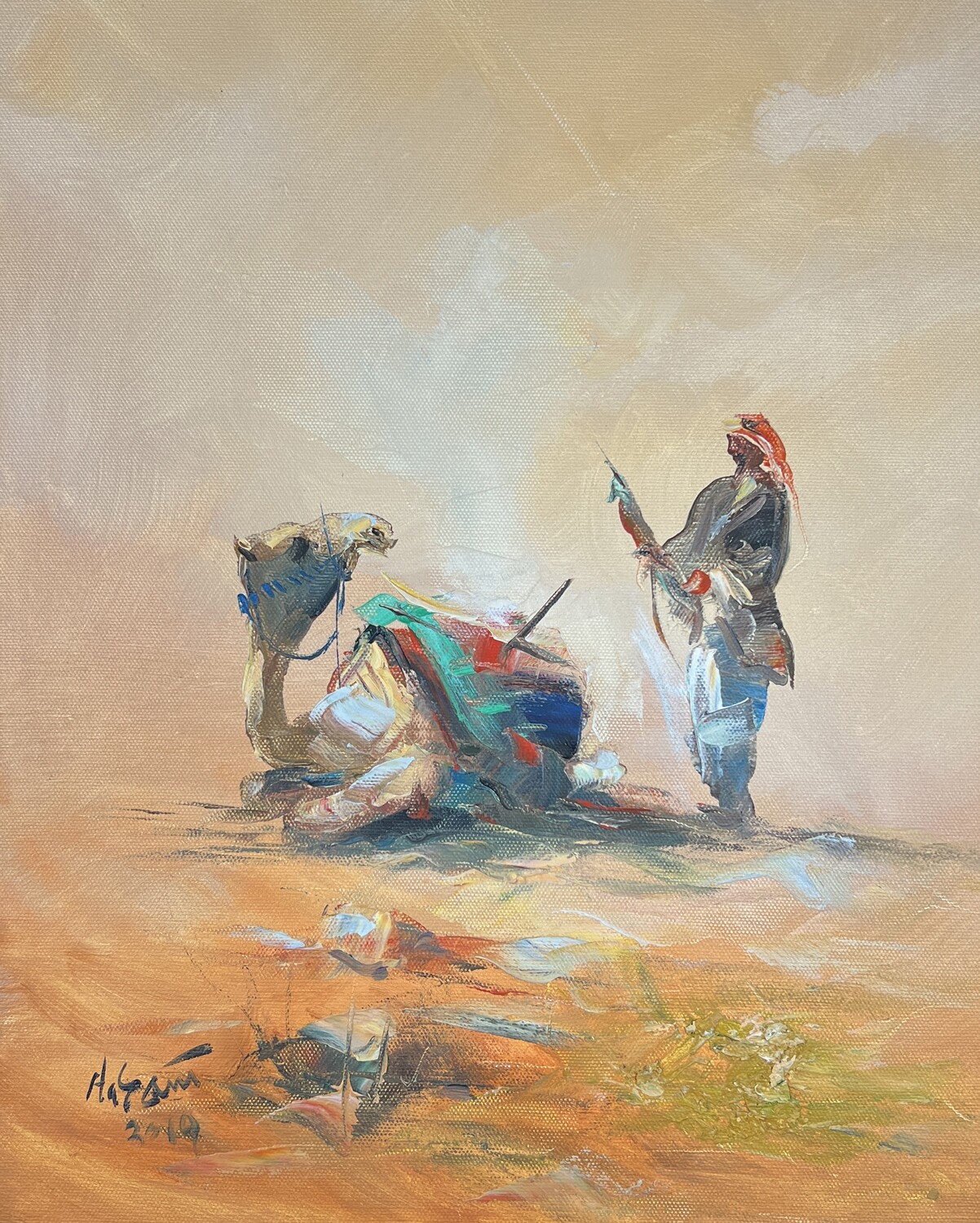 Desert Traveller with Camel - Knife Art Oil Painting, Frame: Un-framed