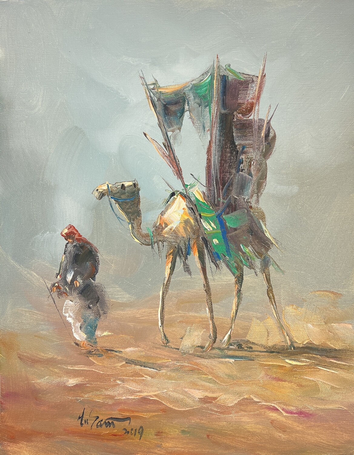 Desert Rider and Hawdaj - Knife Art Oil Painting, Frame: Un-framed