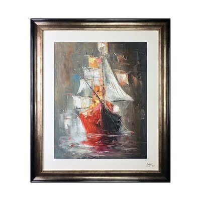Red Ship at Sea -  Knife Art Oil Painting