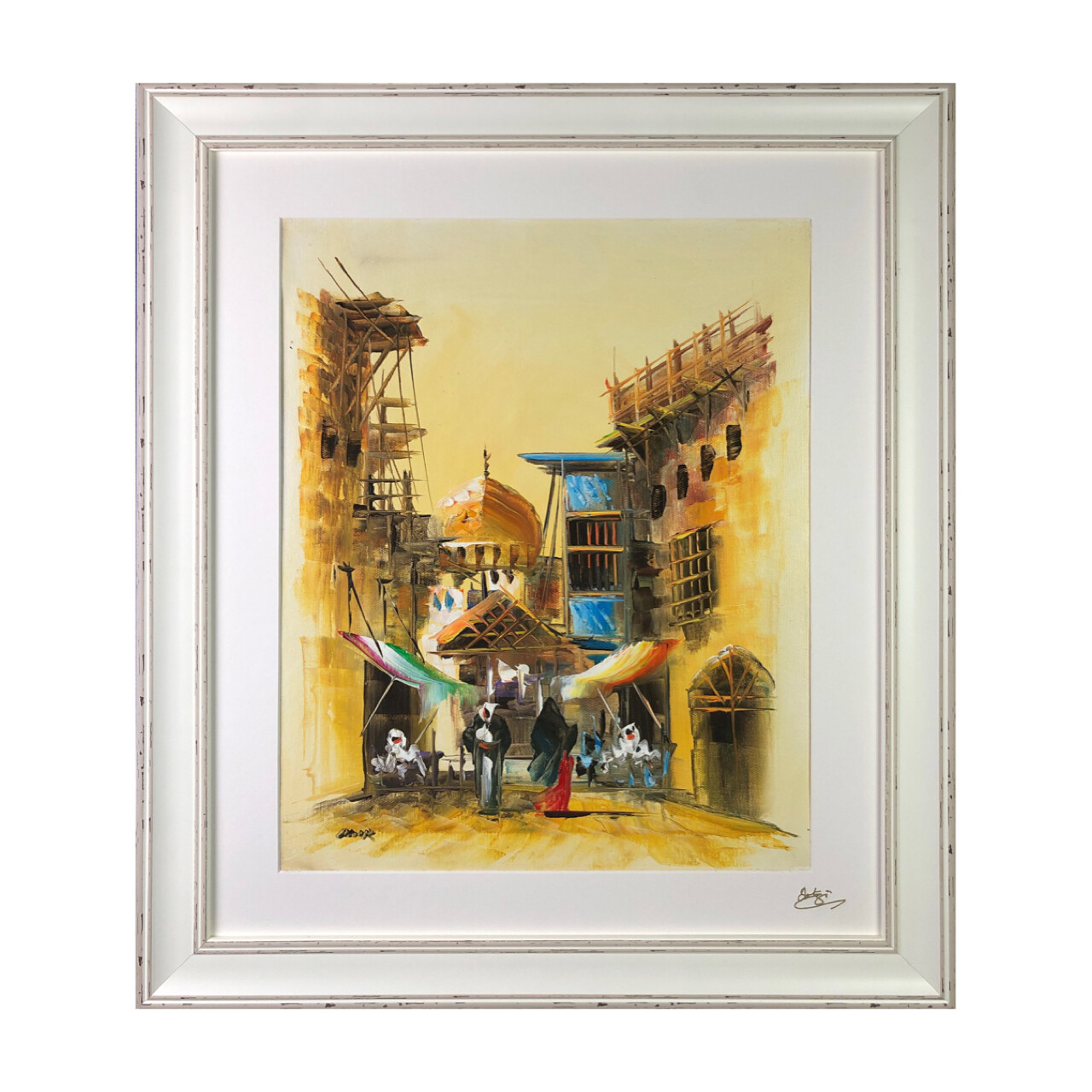 Village in Arabia Original Knife Hand Painted Canvas, Frame Colour: White Distressed Frame