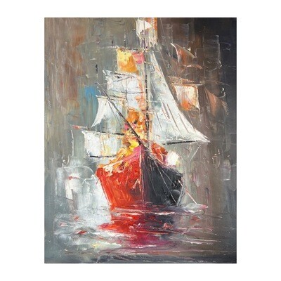 Red Ship at Sea -  Knife Art Oil Painting