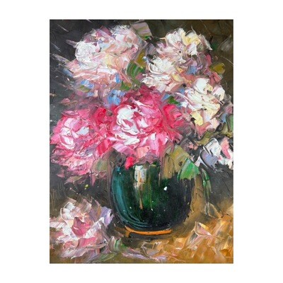 Vase of Flowers Oil Painting Pink Brown -  Knife Art Oil Painting