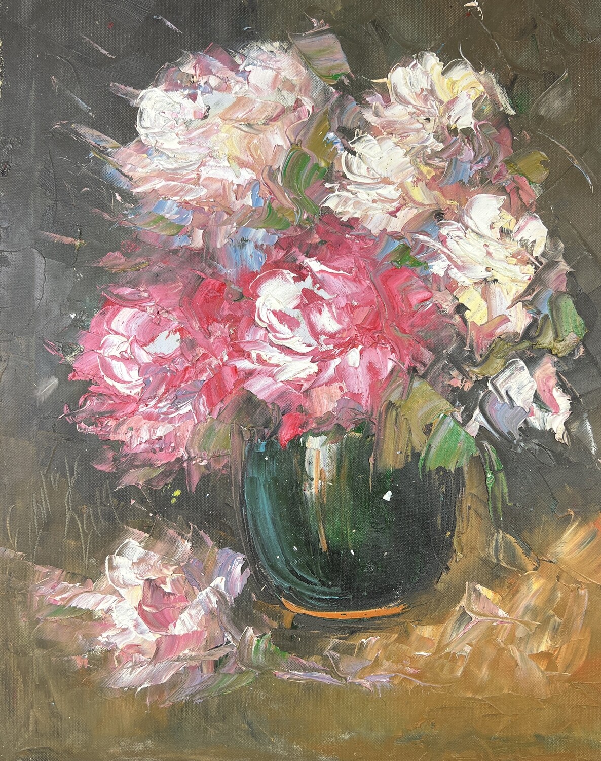 Vase of Flowers Oil Painting Pink Brown - Knife Art Oil Painting