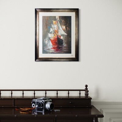 Red Ship at Sea - Knife Art Oil Painting in Bronze Distressed Frame