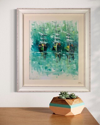 Ships at Sea Turquoise - Knife Art Oil Painting in White Distressed Frame