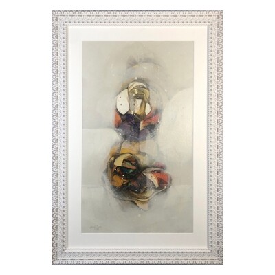 The Hidden Sage Abstract Oil Painting in a White Carved Frame, Design: Design 1