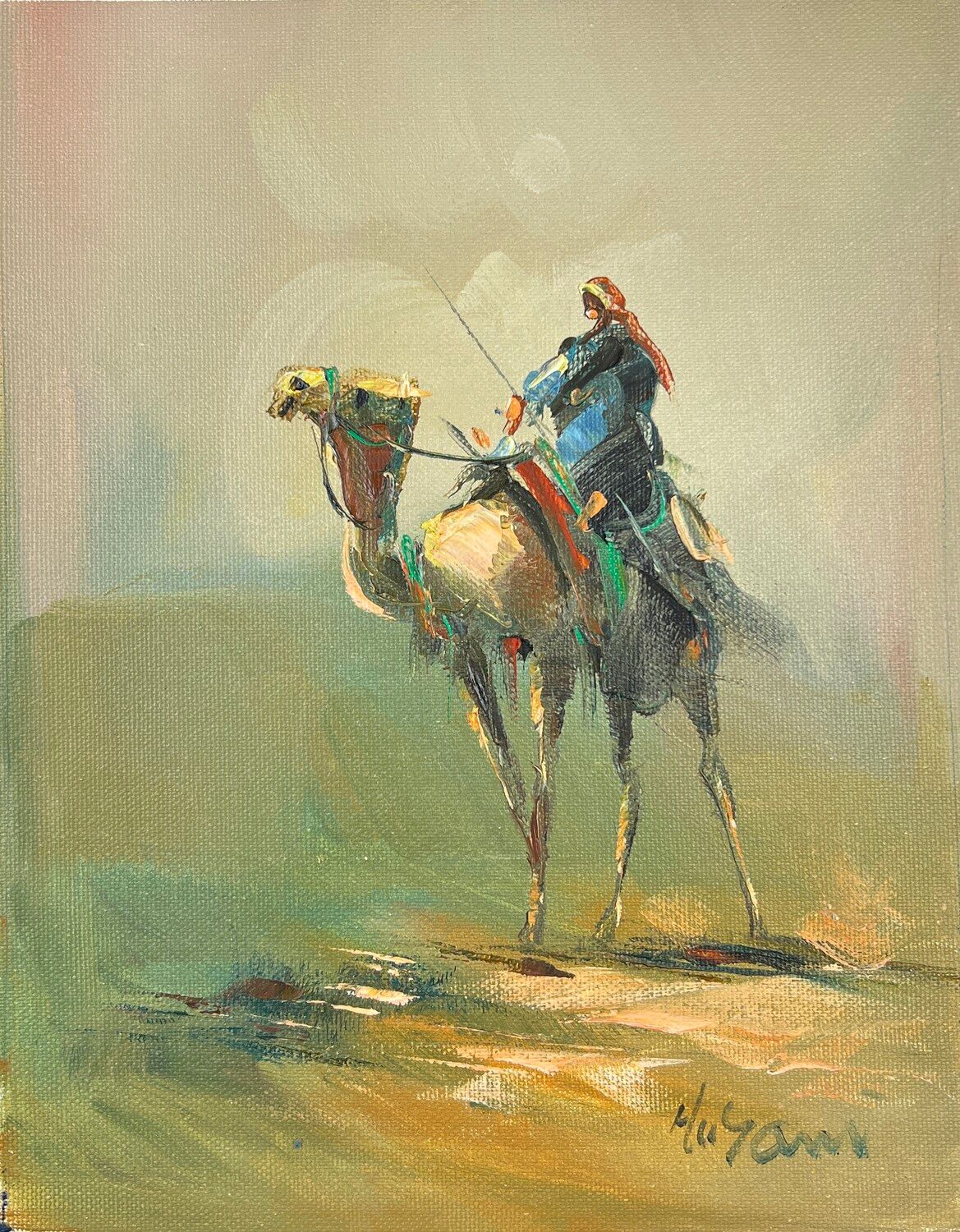 Bedouin Riding in the Desert - Knife Art Oil Painting, Frame: Un-framed