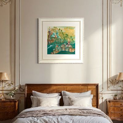 Arabesque Village Multicoloured Stacked Patterned Domes Oil Painting in Distressed Frame