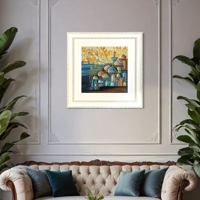 Arabesque Village Multicoloured Stacked Patterned Domes Oil Painting in Distressed Frame