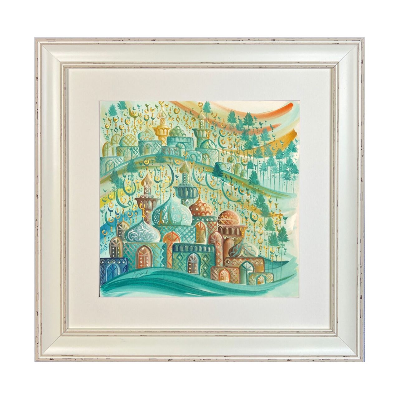 Arabesque Village Multicoloured Stacked Patterned Domes Oil Painting in Distressed Frame