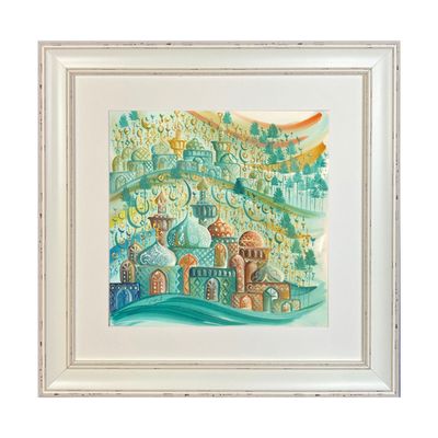 Arabesque Village Multicoloured Stacked Patterned Domes Oil Painting in Distressed Frame