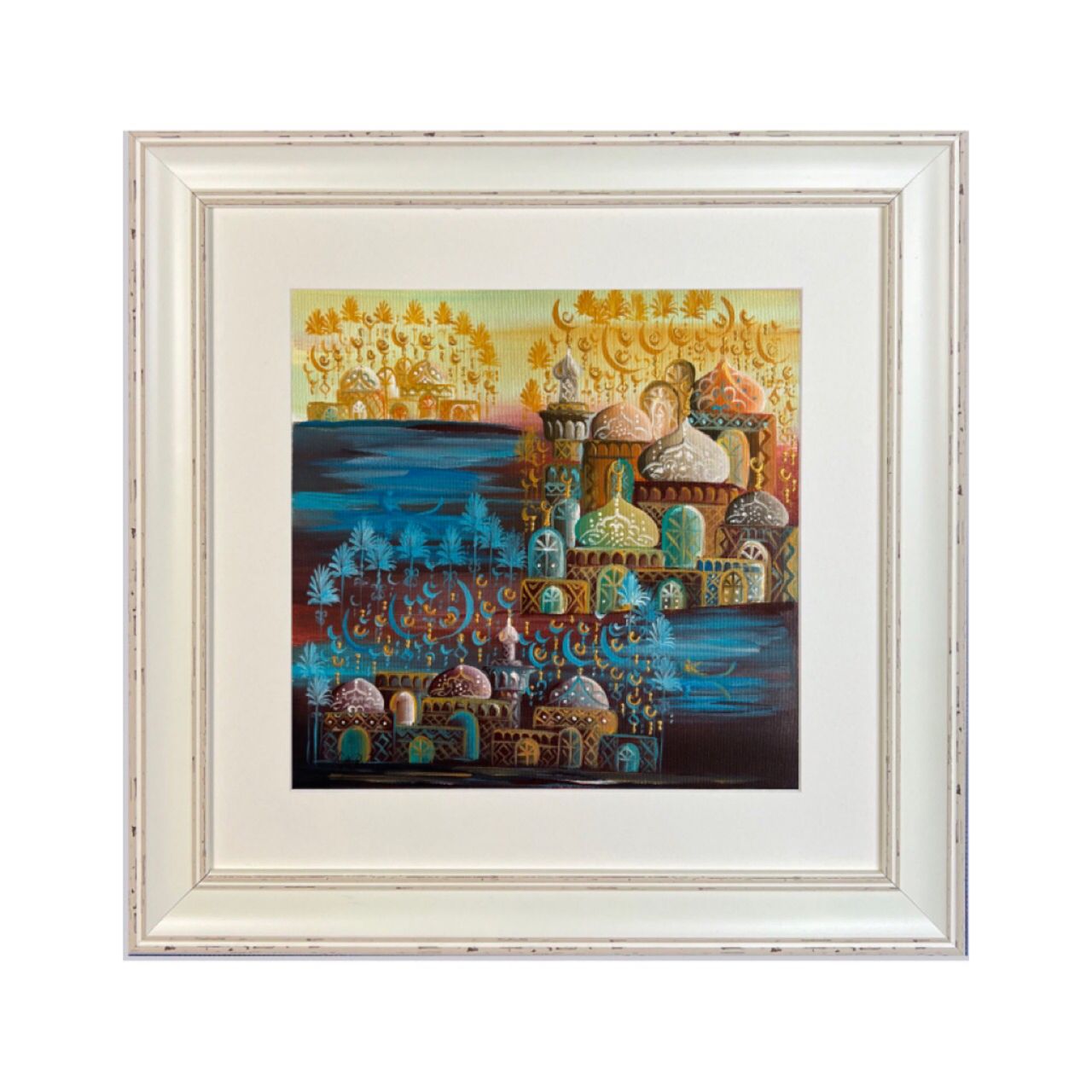 Arabesque Village Multicoloured Stacked Patterned Domes Oil Painting in Distressed Frame
