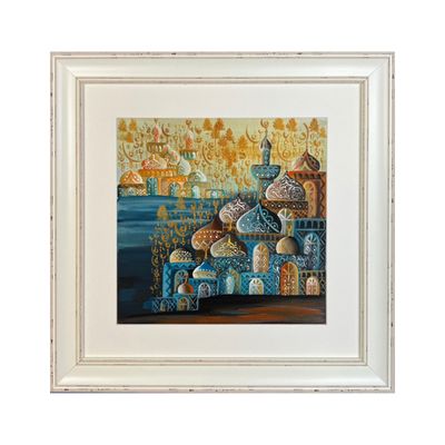 Arabesque Village Multicoloured Stacked Patterned Domes Oil Painting in Distressed Frame