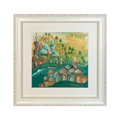 Arabesque Village Multicoloured Stacked Patterned Domes Oil Painting in Distressed Frame