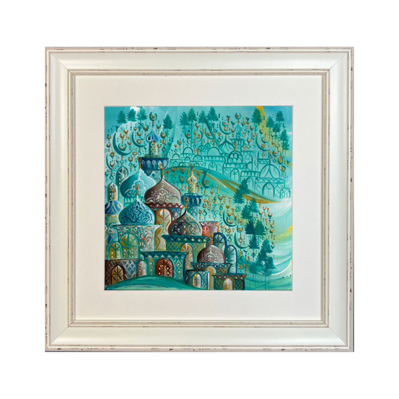 Arabesque Village Multicoloured Stacked Patterned Domes Oil Painting in Distressed Frame