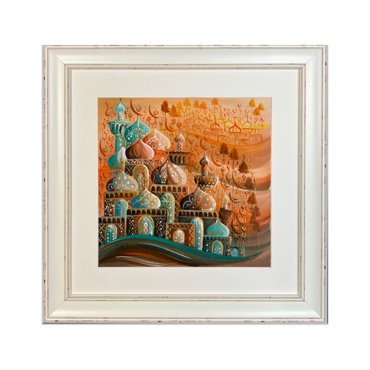 Arabesque Village Multicoloured Stacked Patterned Domes Oil Painting in Distressed Frame