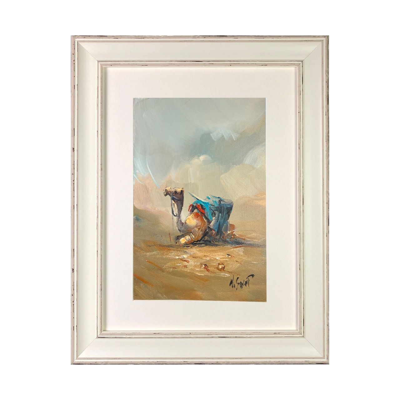 Desert Camel -  Knife Art Oil Painting in distressed Frame