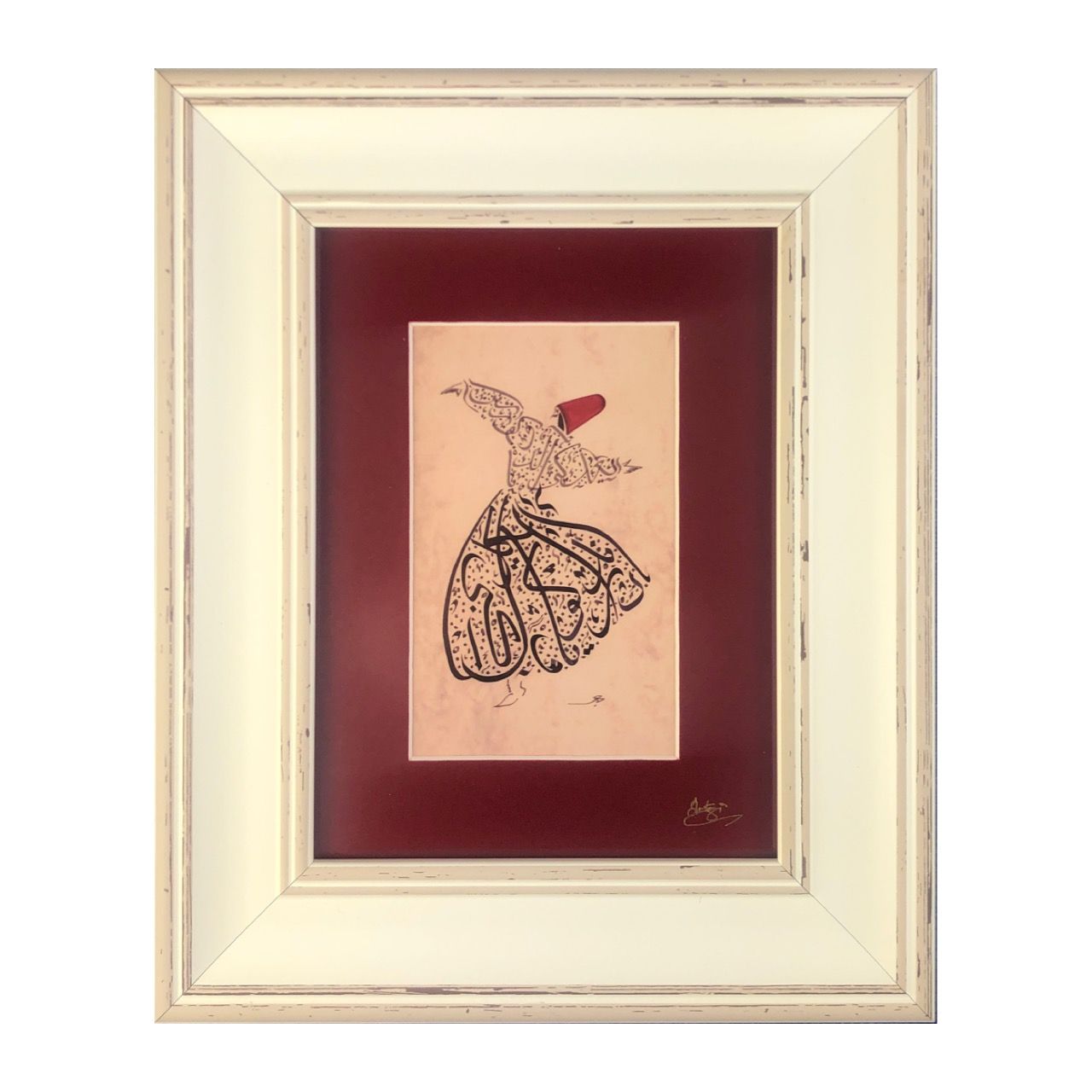 Whirling Dervish Red Rumi Poetry in White Distressed Frame