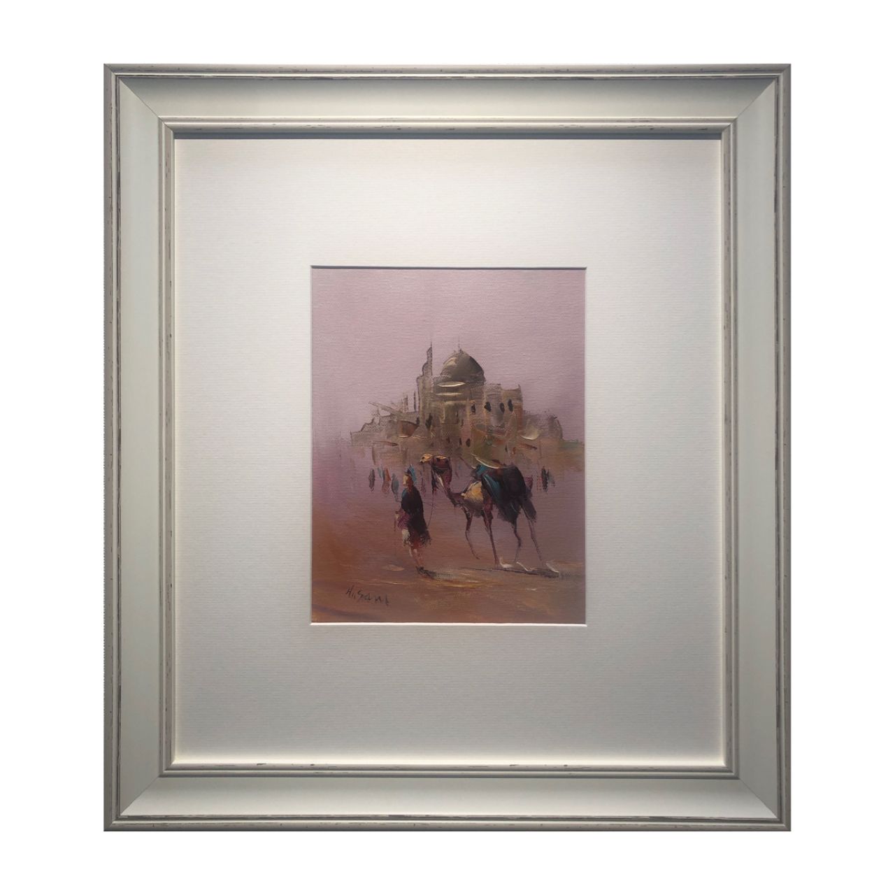 Desert Villagers and Mosque - Knife Art Oil Painting in White distressed  Frame