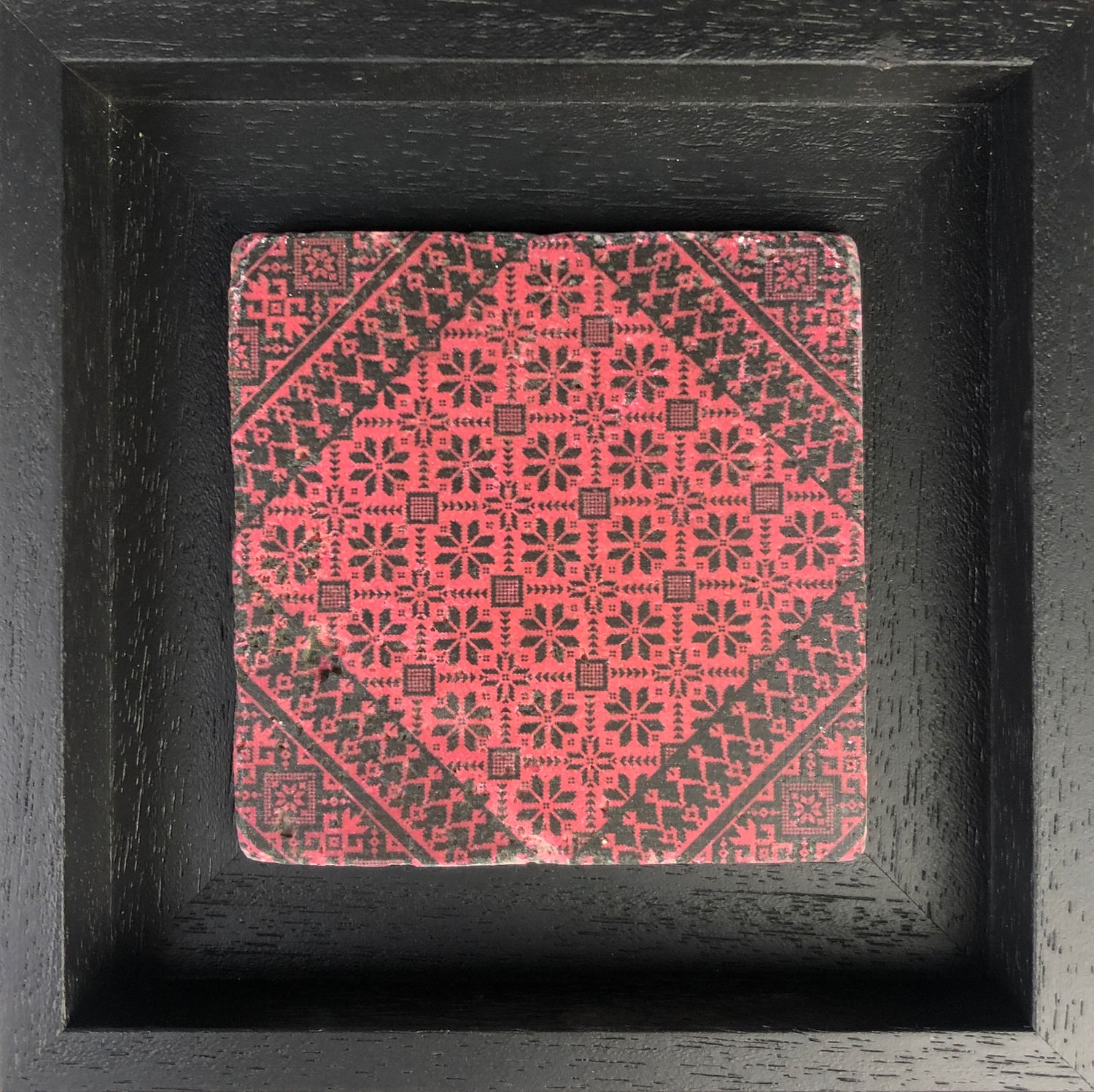 Palestinian Tatreez Black &amp; Red Geometric Design Stone Art, Frame Colour: Black, Size: Small