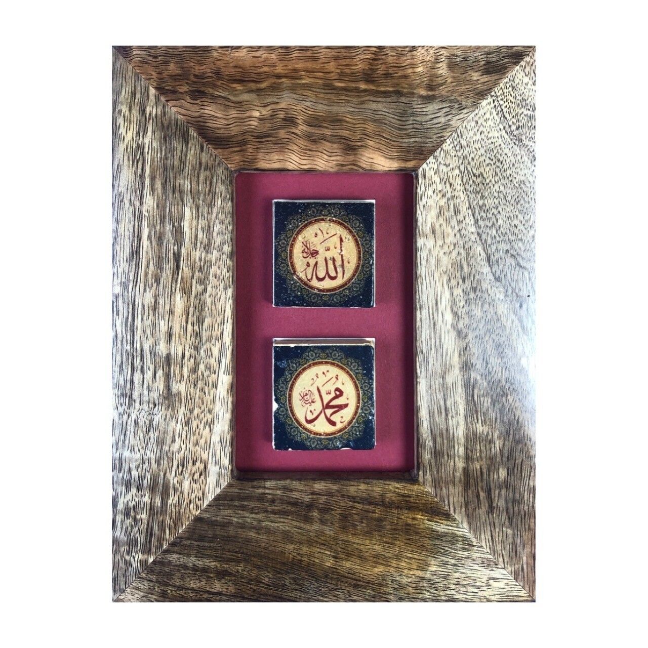 Allah &amp; Mohammed Red Design Stone Art in Solid Mango Wood Frame, Frame Colour: Washed