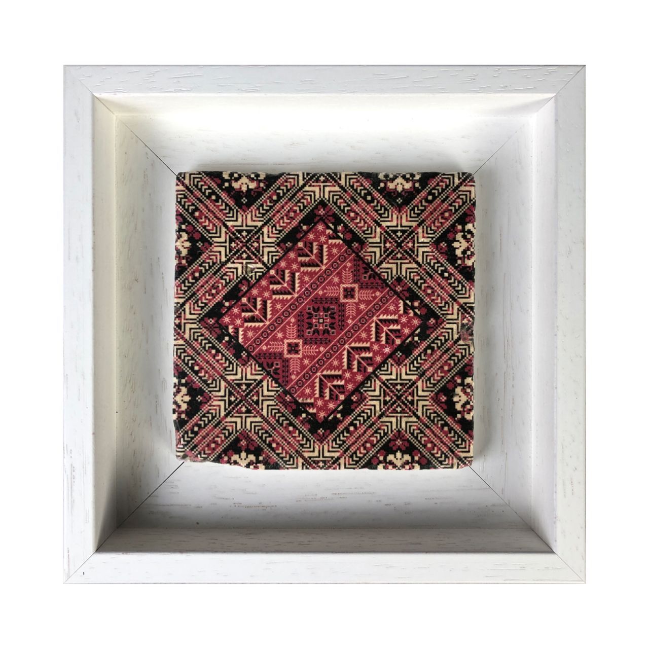 Palestinian Tatreez Geometric Design Stone Art, Frame Colour: White, Size: Small