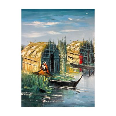 Boat and Hut -  Knife Art Oil Painting in Blue Distressed Frame