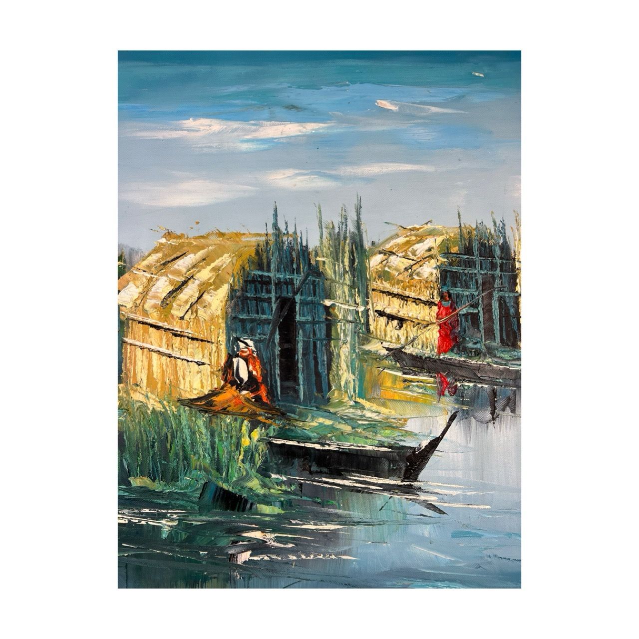 Boat and Hut -  Knife Art Oil Painting in Blue Distressed Frame