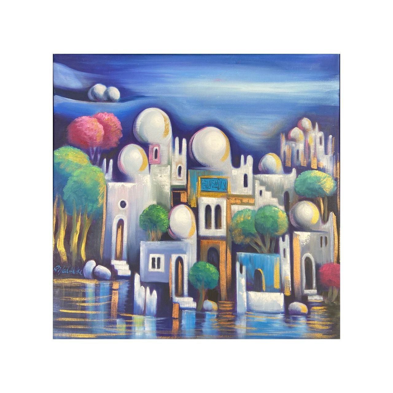Abstract Houses &amp; Domes Blue Design Original Hand Painted Canvas
