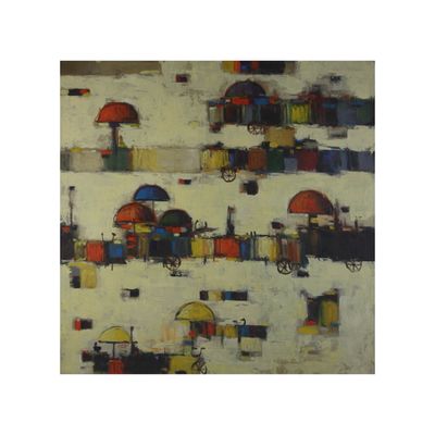 Abstract Village Market Collage Mixed Media Original Hand Painted Canvas