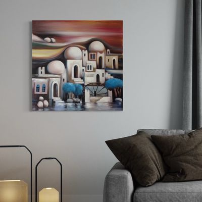 Abstract Houses &amp; Domes Red Design Original Hand Painted Canvas