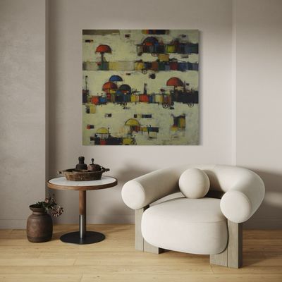 Abstract Village Market Collage Mixed Media Original Hand Painted Canvas