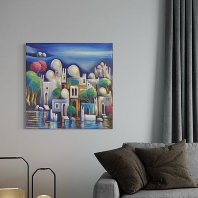 Abstract Houses & Domes Blue Design Original Hand Painted Canvas