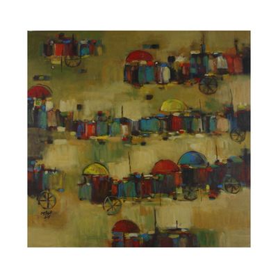 Abstract Village Market Collage Mixed Media Original Hand Painted Canvas