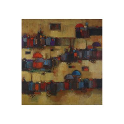 Abstract Village Market Collage Mixed Media Original Hand Painted Canvas