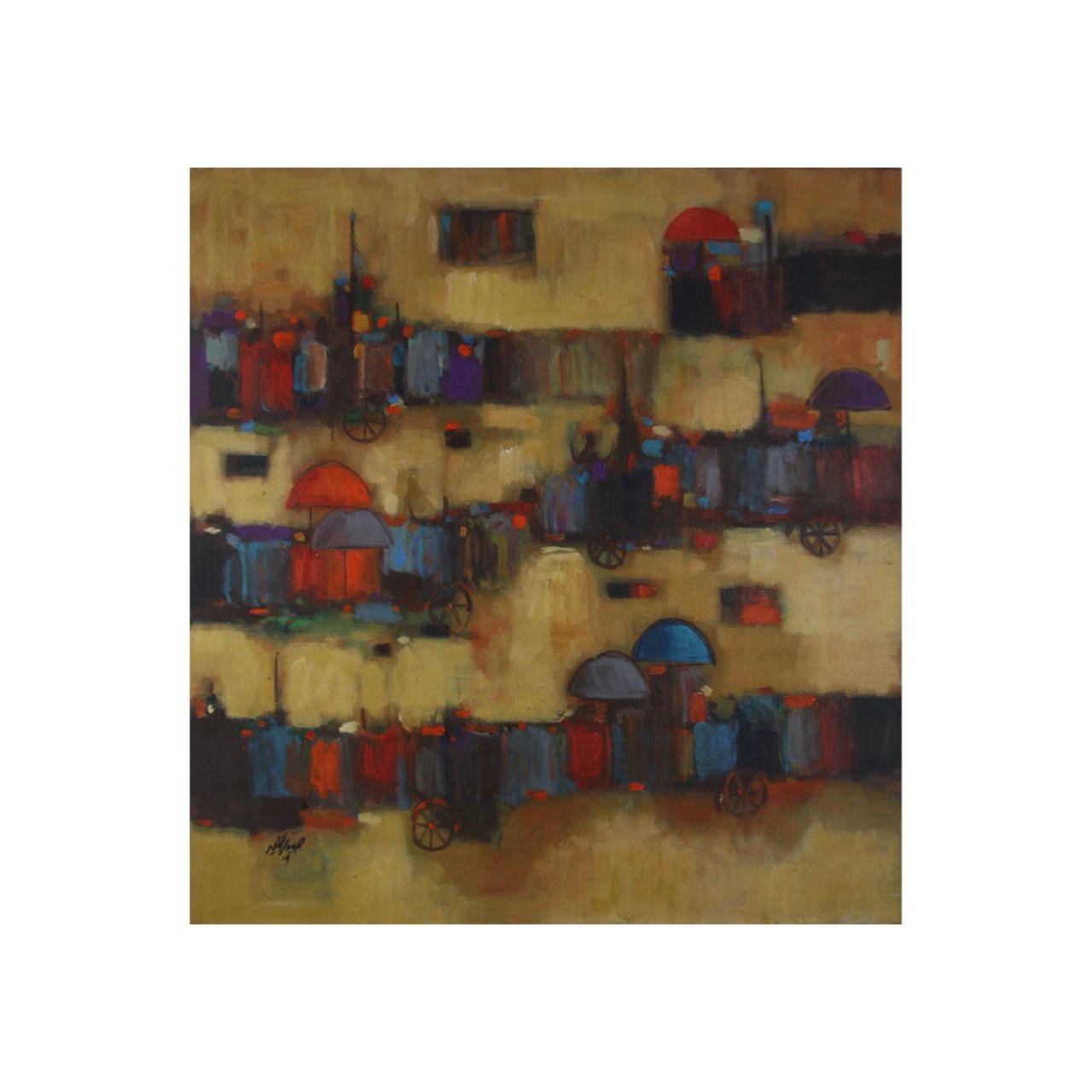 Abstract Village Market Collage Mixed Media Original Hand Painted Canvas