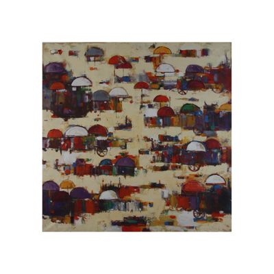 Abstract Village Market Collage Mixed Media Original Hand Painted Canvas