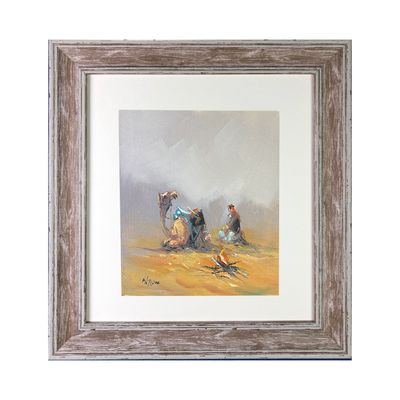 Desert Traveller, Camel by a Campfire - Knife Art Oil Painting in Distressed Frame